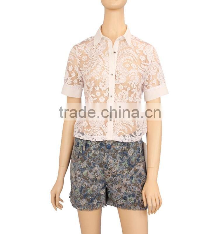 2015 short sleeve ladies tops women white lace blouse