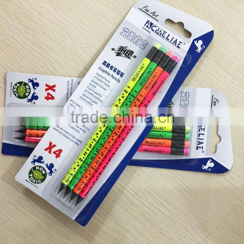 Standard size round shape black wood blister card neon HB pencil with heat rolling logo