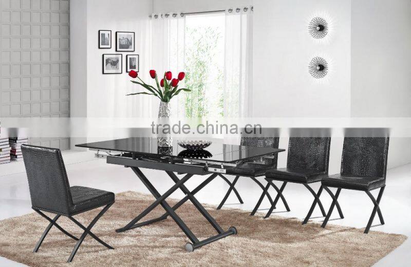 L808H Glass Table - Extendable Size And Height, Glass Metal Dining Coffee Table