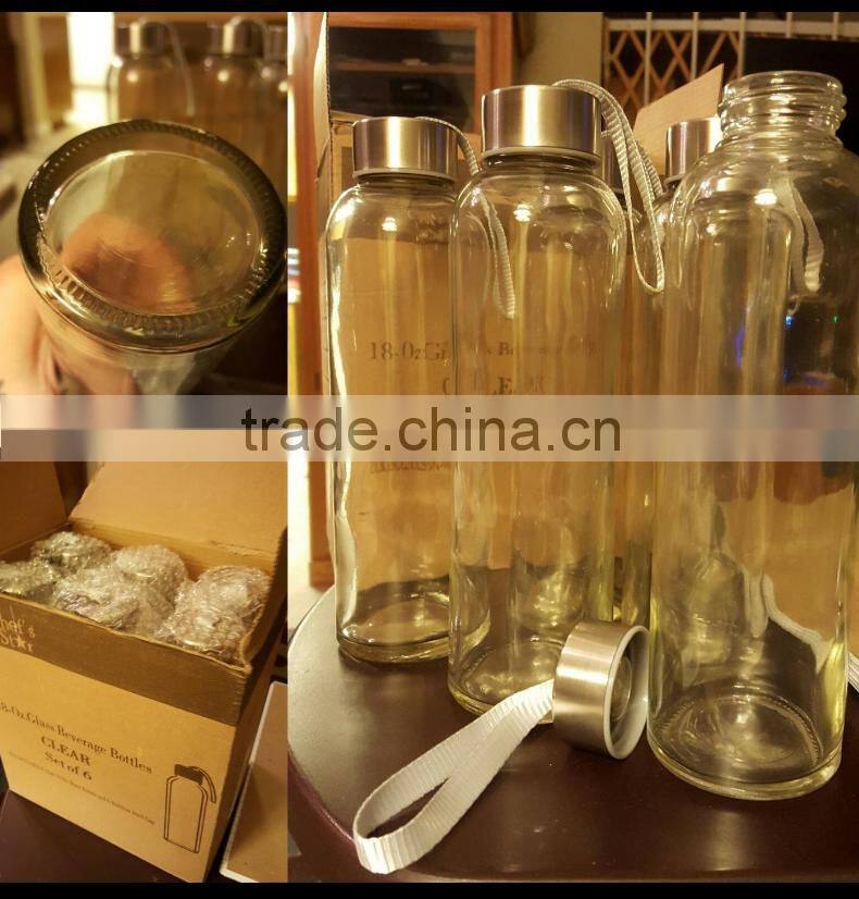 Glass water Bottle 6 Pack 18oz Stainless Steel Caps with Carrying Loops