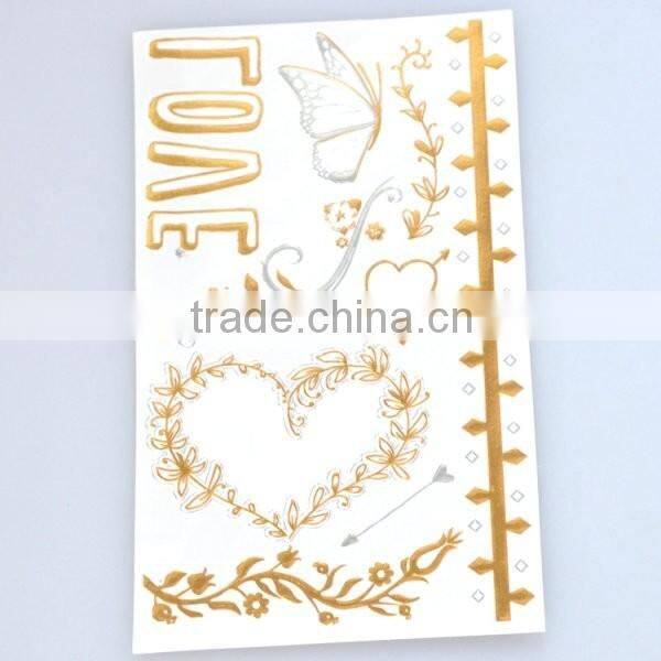 Custom radiant gold and silver heart shaped temporary tattoos flash gold tattoos water transfer body tattoo sticker manufacturer