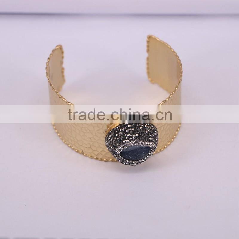 Fashion Metal Brass Gold Electroplated Bangles, Geode Agate Gem stone Bangles, with Pave Crystal Druzy Bangle