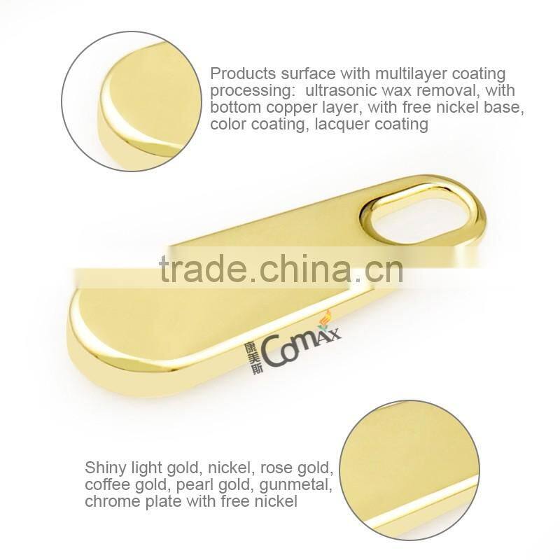 Custom Zinc Metal Flat Zip Puller and Slider With Plating Gold For Bag