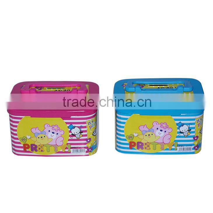 Tinplate money bank with handle and lock