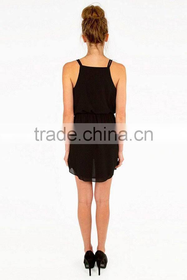 2015 New Women Summer Dress Black Red Double Strap Chiffon Dress Sexy V-neck Skirt Sleeveless Dress XS-XXL