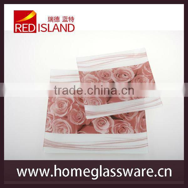 6"-12" square glass plate with rose pattern for decoration