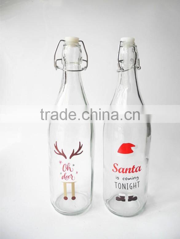 1 liter christmas printing vintage style glass clip top preserve bottles