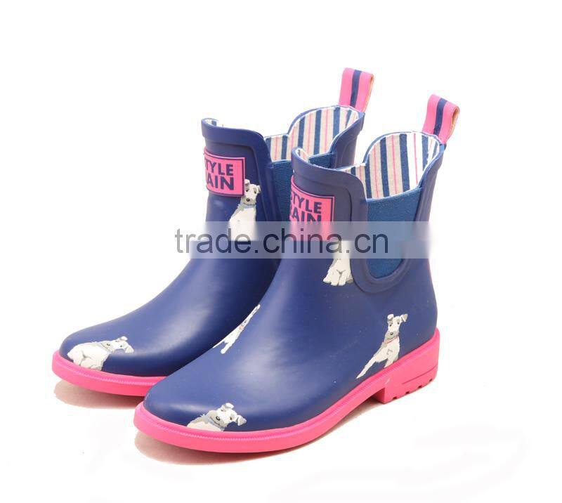 hotsale girls fashion stylish low height hand made natural rubber upper outsole printed chelsea style rain shoes water boots