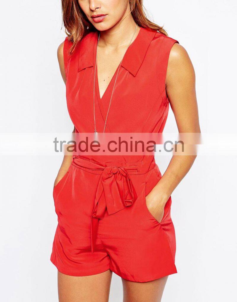 2015 fashionable hot sale OEM customized Wrap Front Romper with Tie Waist