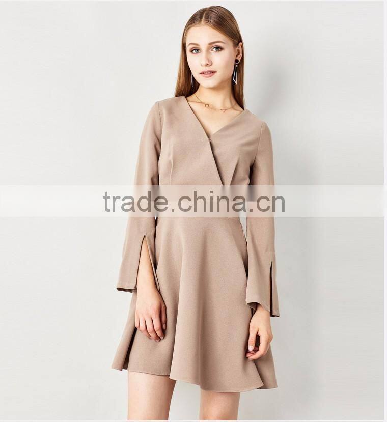 New arrival v neck split cuff design 100% polyester blank wholesale dresses girls' long sleeve one-piece dress