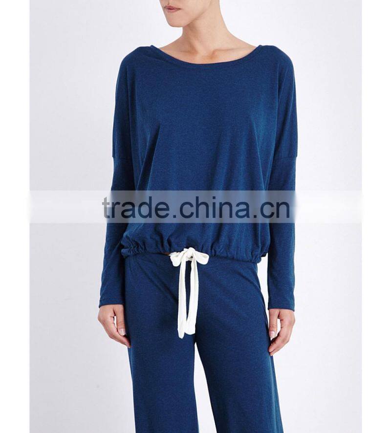 Wholesale Women Relaxed Scoop Neck Dropped Shoulders Long Sleeves Jersey Pyjama Blouse(DQE0160T)