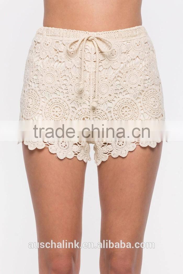 best selling ladies elegant white crochet polyester shorts