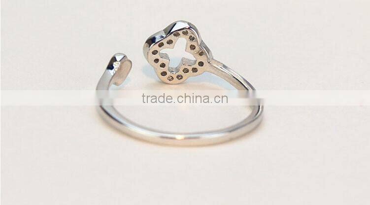 Spritual charm accessory Lucky Clover design top zircon diamond sterling 925 silver open ring