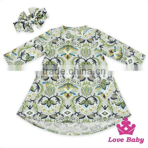 48BQA141 Lovebaby New Fashion Girls Printed Flowers With Bow Headband Kids Dress Casual Frock Designs