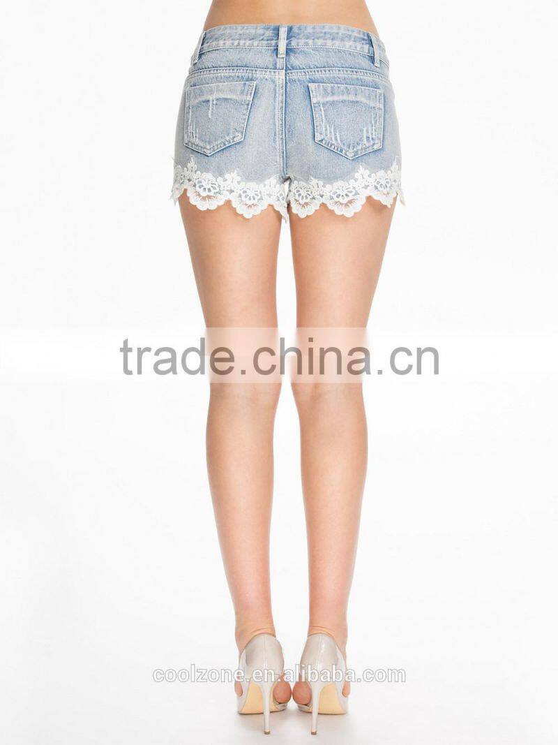 Latest classic stone washed denim shorts sexy women shorts with lace trim