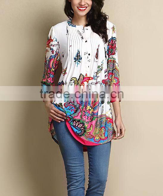 2016 New Women Tops With White Paisley Notch Neck Pin Tuck Tunic Women Blouse Women Clothing GD90426-22