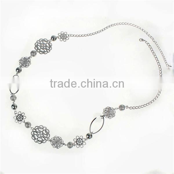 New Fashion Copper Filigree Stamping Sweater Necklace Long Link Curb Chain Silver Tone With Hollow Flower Connectors