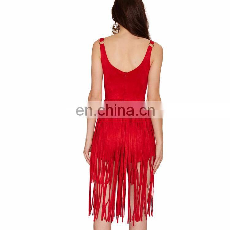 2016 V-neckline Adjustable Shoulder Straps Red Fringes Romper Sleeveless Bodycon Ladies Jumpsuit