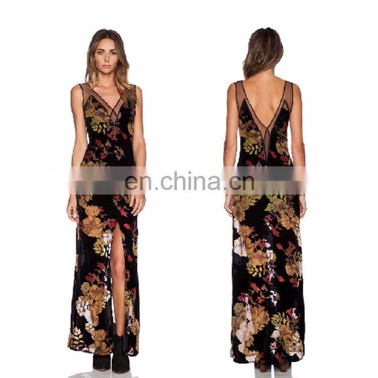 Floral printed split maxi dress for woman with back v neck design