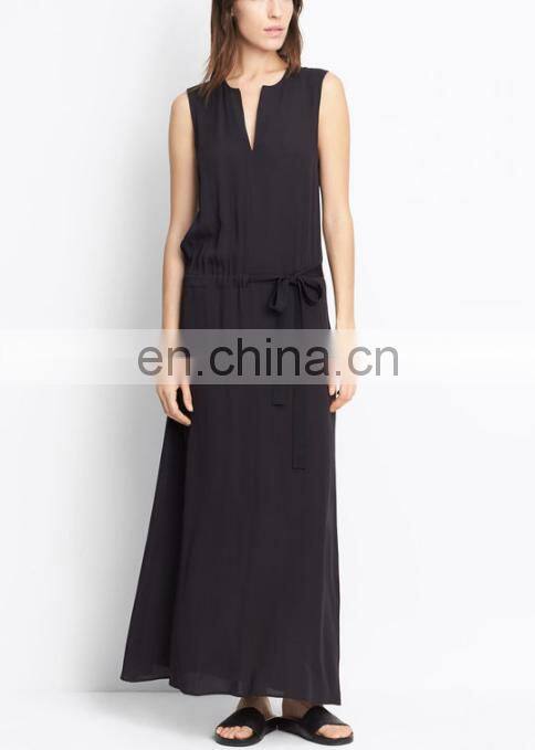 plain black casual flare maix dress v neck sleeveless tie waist dress for woman