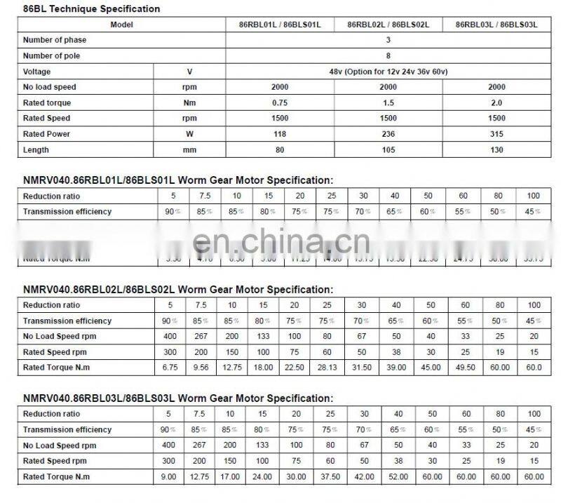 NMRV040.86BL NMRV050.86BL Series Brushless dc Worm Gear Motor with NMRV Gear reducer High Torque Large Power upto 750w