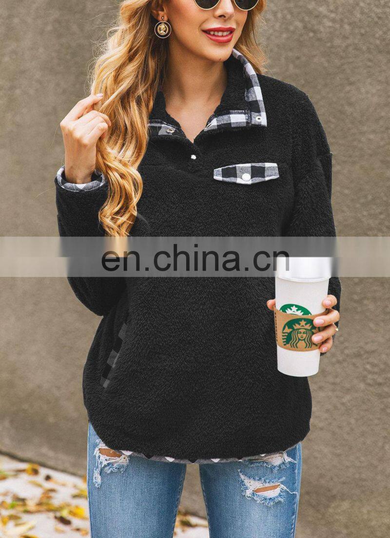 Factory Wholesale Hot sale 2020 Autumn and winter fashion lattice splice pocket button blouse home sweater home comfortable out