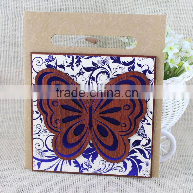 Unique 2016 Butterfly Shape Wooden Wedding Invitation Card with Hot Foil Words