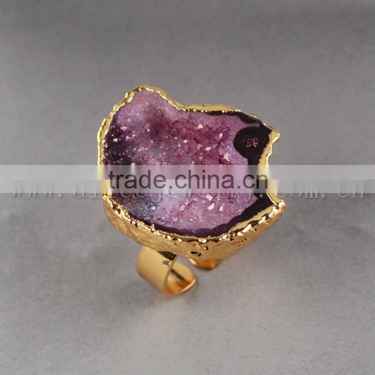 Fashion Vintage Antique Ajustable Golden Plated Druzy Geode Agate Statement Wide Ring
