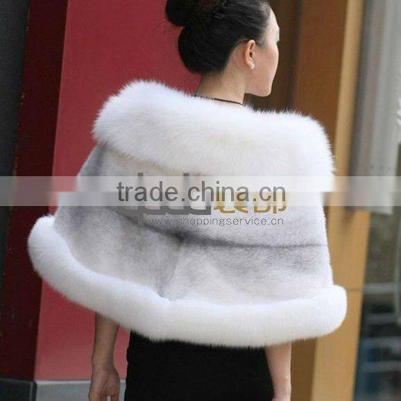 QD11655 Winter Fur Shrugs And Wraps Genuine Whole-hide Mink Fur Shawls with Fox Fur Trim