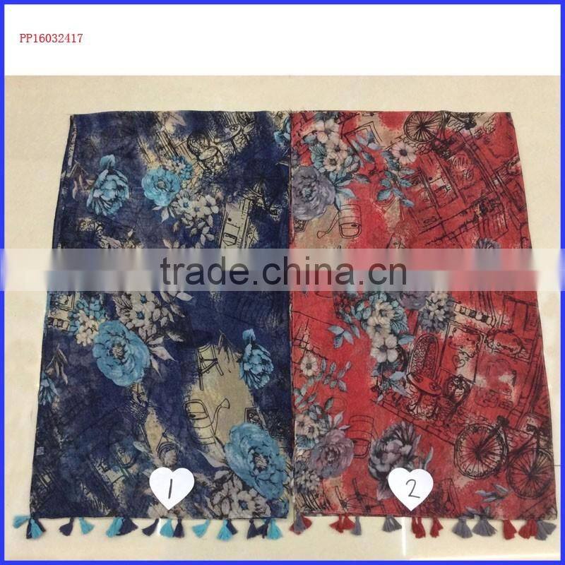 2016 small red flower printed scarf with fringe wholesale