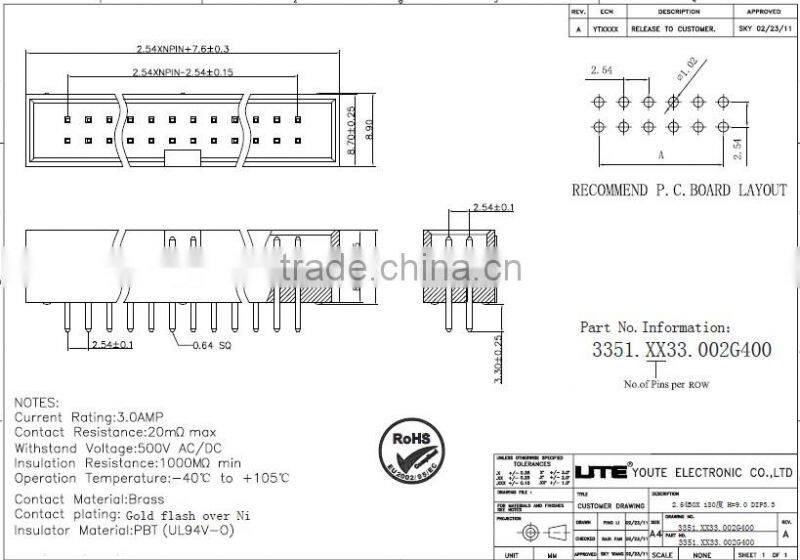 1.27mm dual row male electrical header connector
