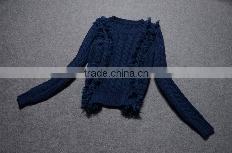 Wholesales Sweater Design Woman Latest Fashion Navy Blue Knitted Sweater With Long Sleeve