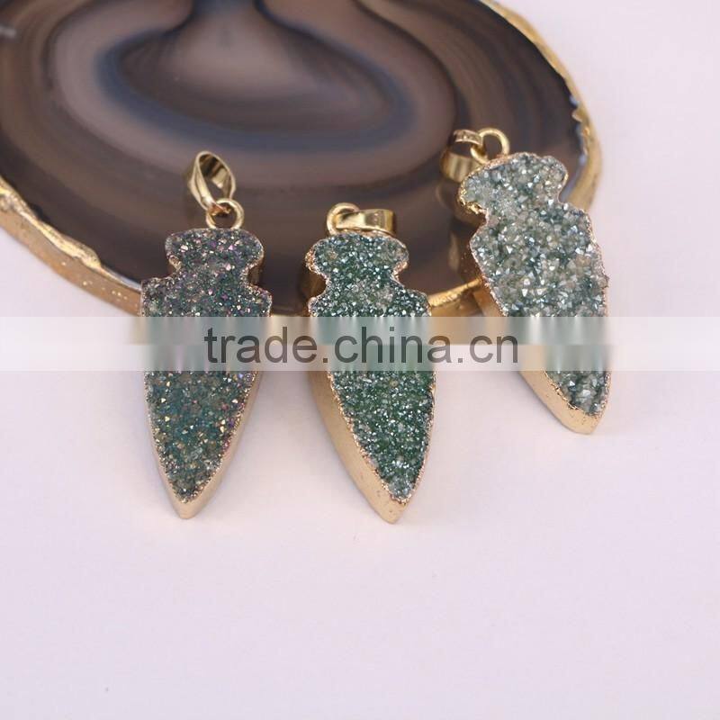 Titanium Agate Quartz Stone Pendant, Gold Plated edged Arrow Gem stone Pendant, For Jewelry Making
