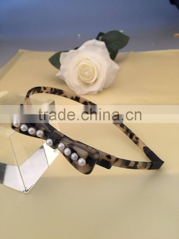 Eco-friendly cellulose acetate bow headband customize Fancy hand band with round pearl decorative for ladies girls career women