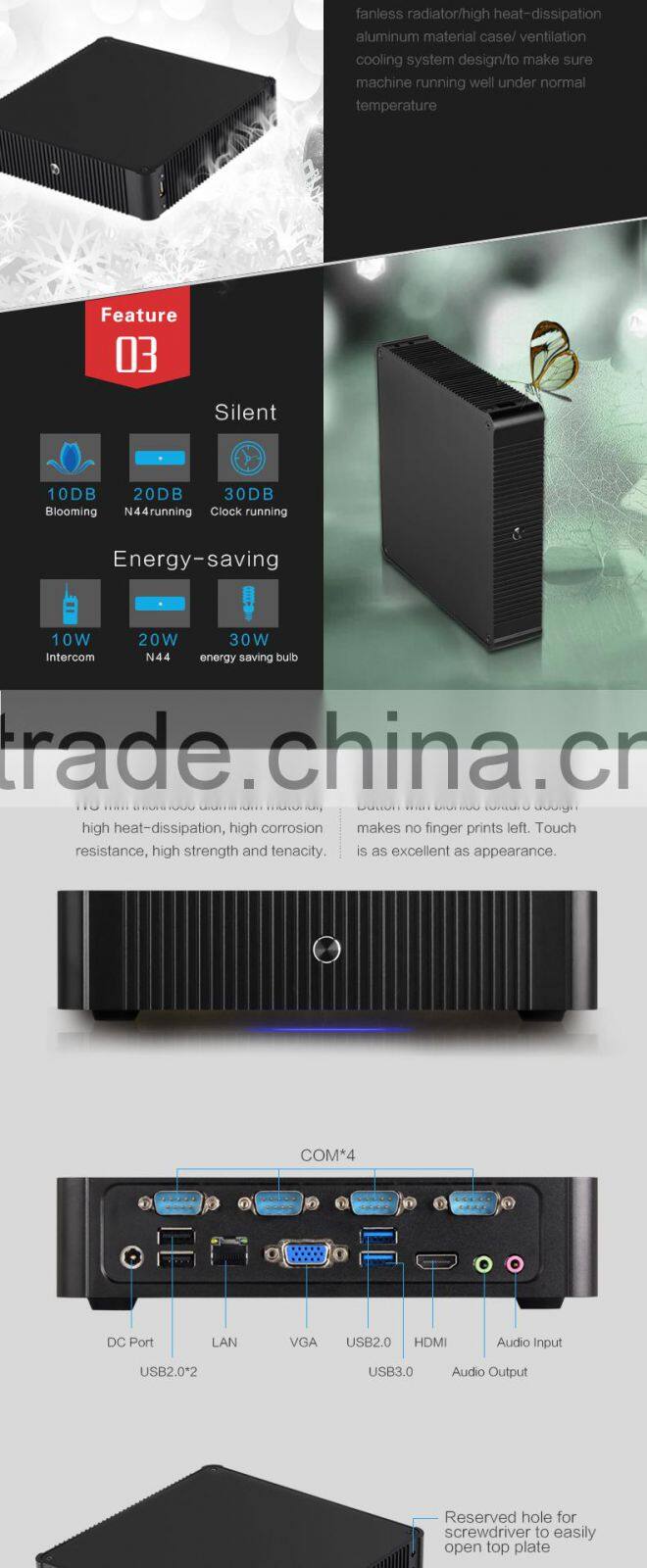 Fanless mini pc 12v mini pc J1900 CPU 4*COM VGA+HDMI windows xp linux system