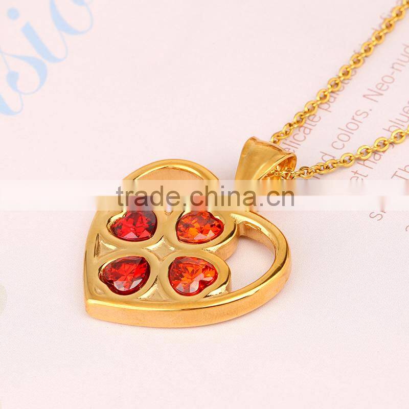 18K Gold Plated Heart Jewllery with Four Red Zircons Inside