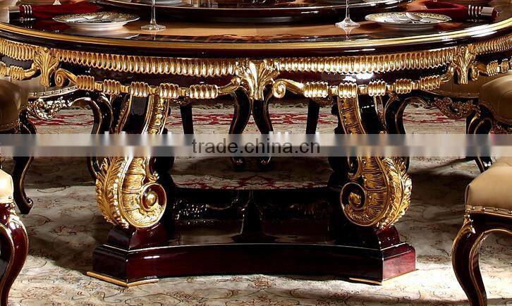 Neoclassical luxury solid wood hand carved dining room furniture gold color lazy susan round dining table