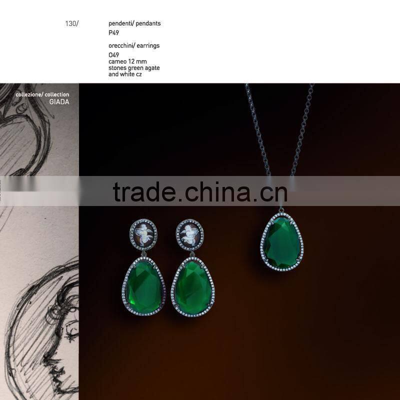 Hot Product Fashion Jewelry 925 Silver Handmade Stones Yellow Cameo Jewelry Set Made in Italy P49G cameo 12mm & O49G cameo 12mm