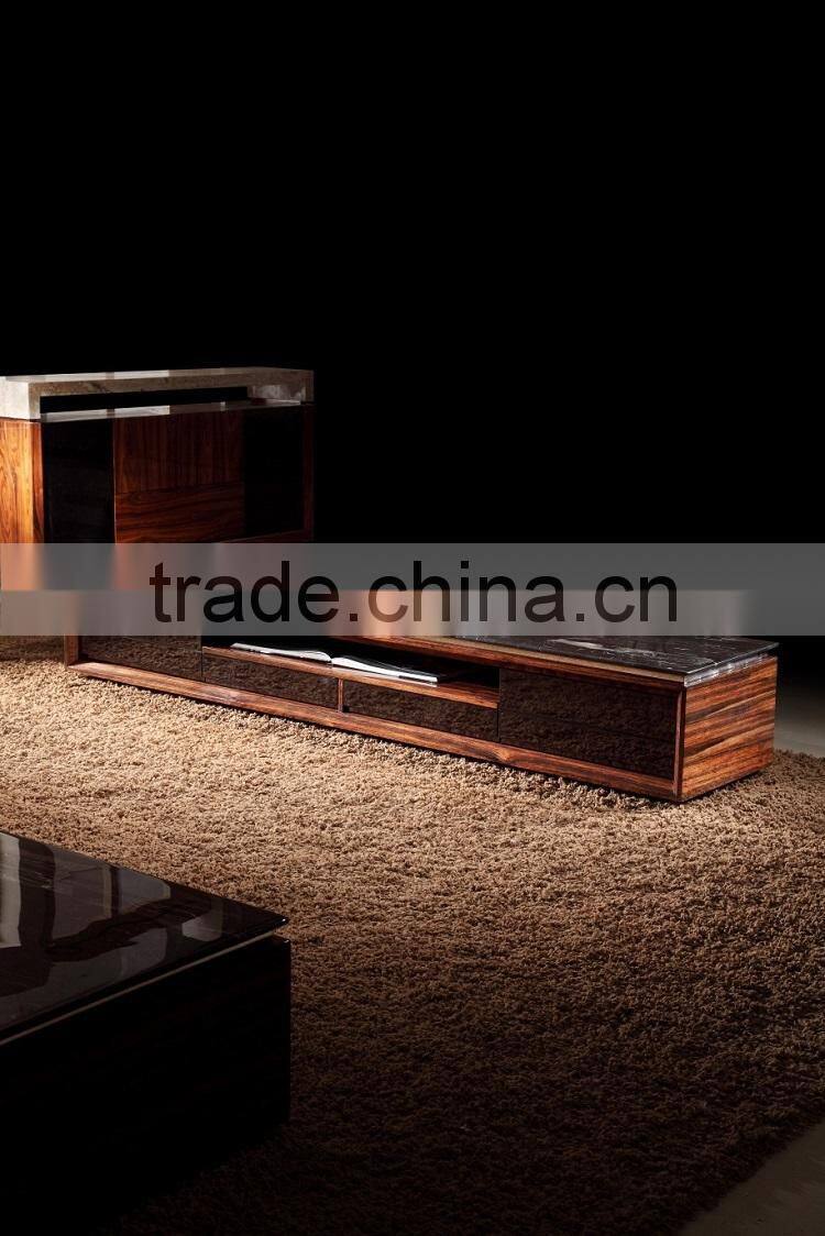 2015 Modern latest Italy ebony veneer TV stand with marble top