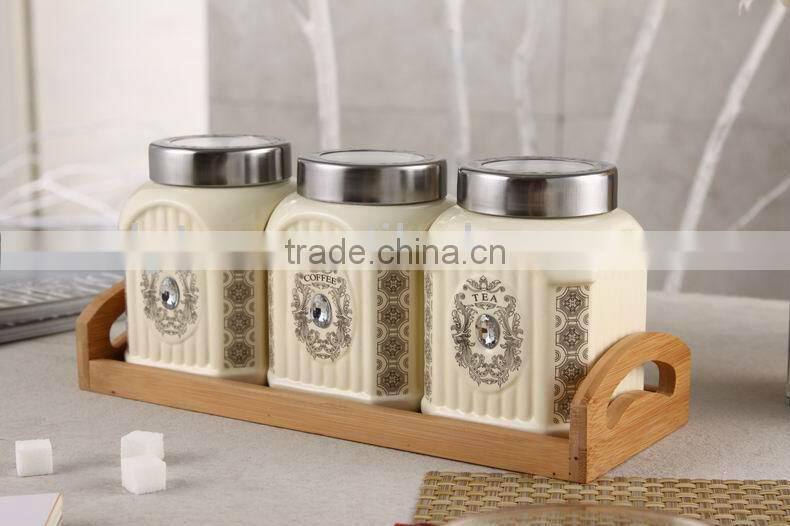 square ceramic canister set with bamboo stand