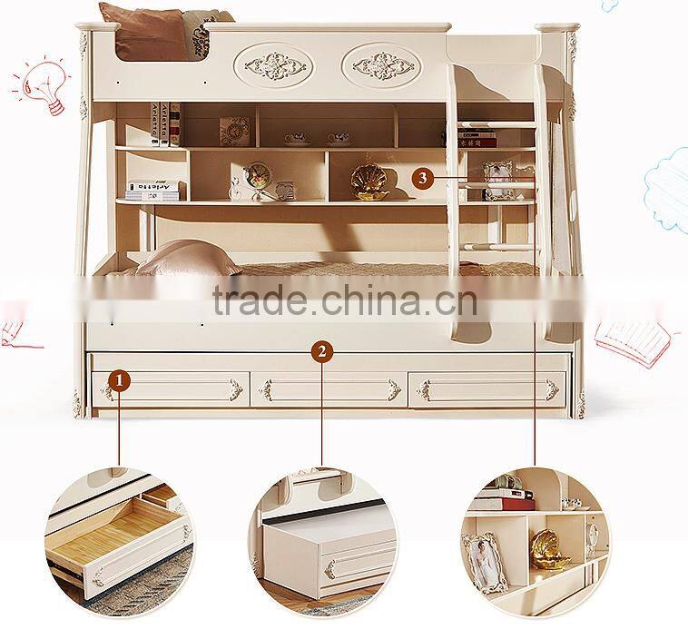 European Classic Rococo Style Pure White Wood Stairway Bunk Bed with Drawers BF11-09183a