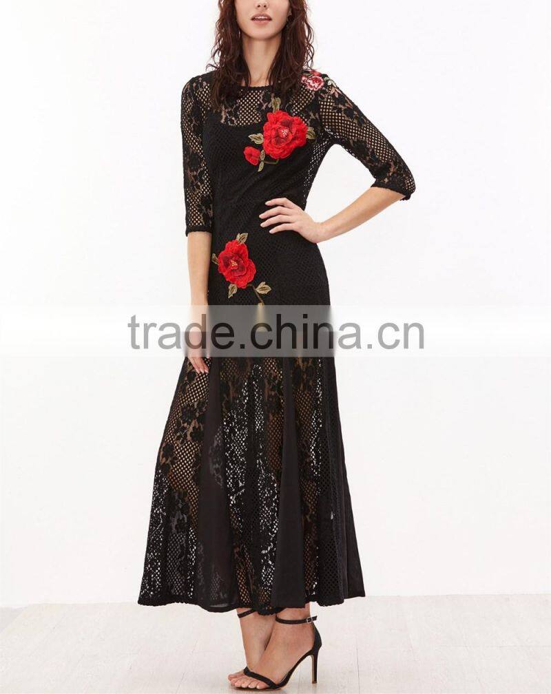 High Quality Brand Black Flower Embroidered Maxi Dresses Ladies Elegant Hollow Out Crochet Long Dresses Women's