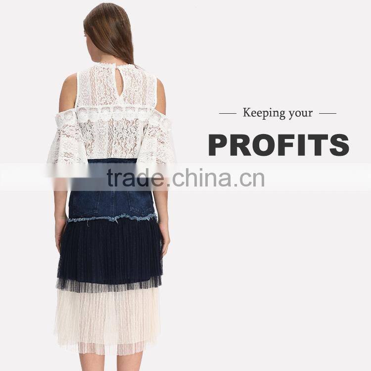 Domin women fashion jean denim skirts with mesh