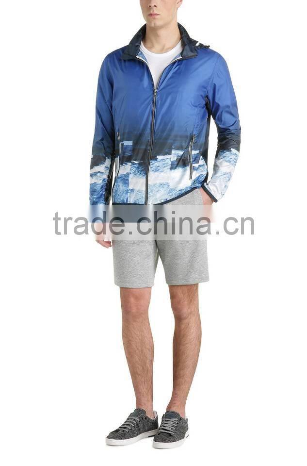 2017 New Design Ocean Pattern Printed Mens Sports Bomber Jacket With Hooded 100% Polyester Mesh Digital Windbreak With Piped