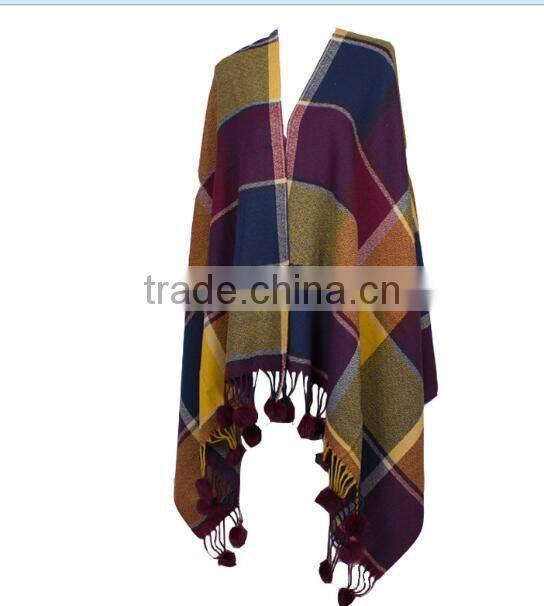 2017 autumn winter pompom trims tartan plaid ladies shawl