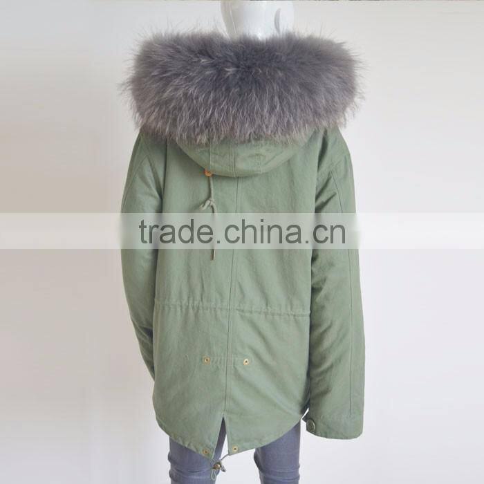 Myfur Customized Army Green Shell Parka Coat with Real Fur Hooded Faux Fur Lining