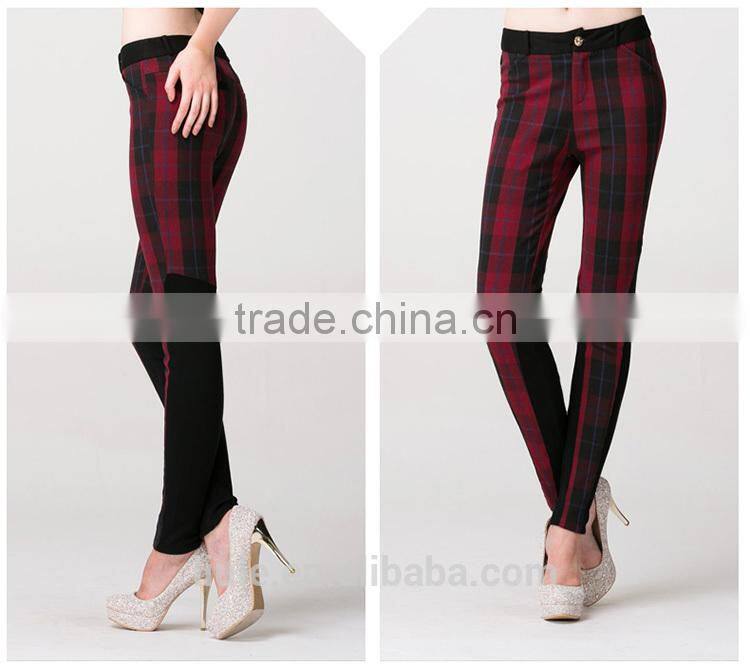 red plaid women casual pants with elastic fabric