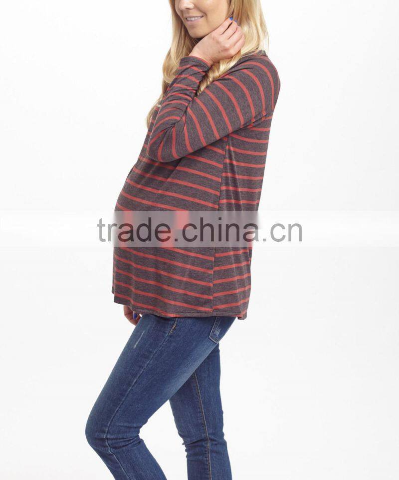 2016 New Maternity Tops With Coral And Charcoal Stripe Maternity Tee Long Sleeve Women Wear WT80817-42