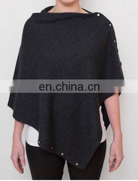 Sharrefun fashion popular style 12GG plain knit ladies cashmere ponchos with button