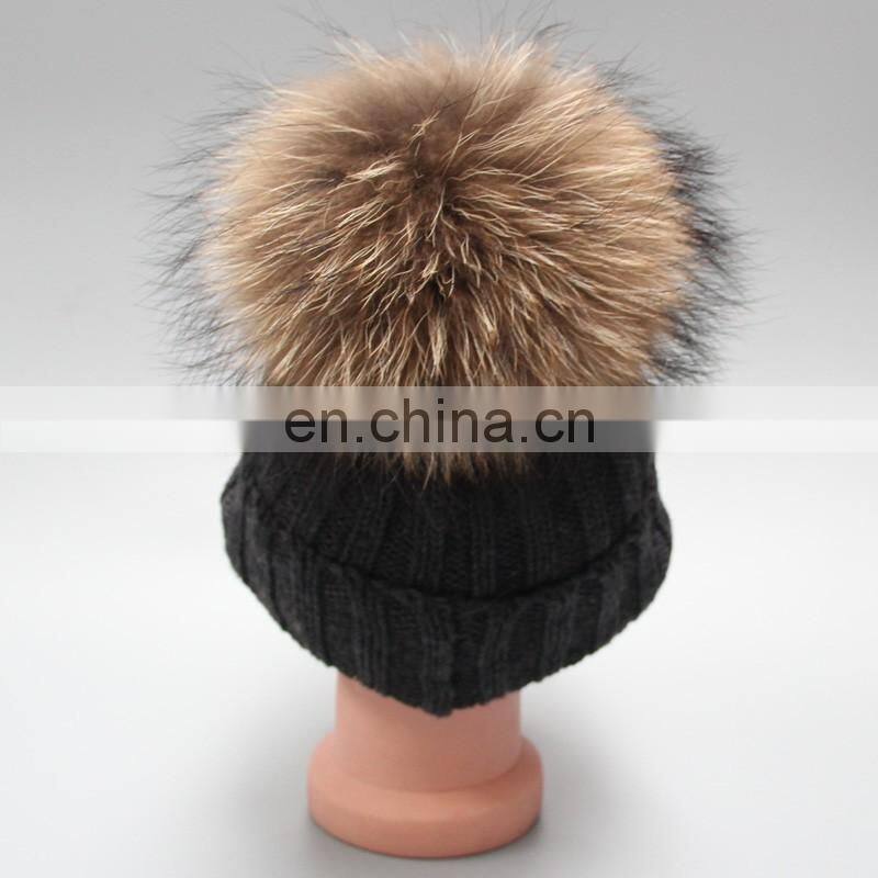 Child Baby Women Winter Knit Beanie Raccoon Fur Pom Bobble Hat Crochet Ski Cap